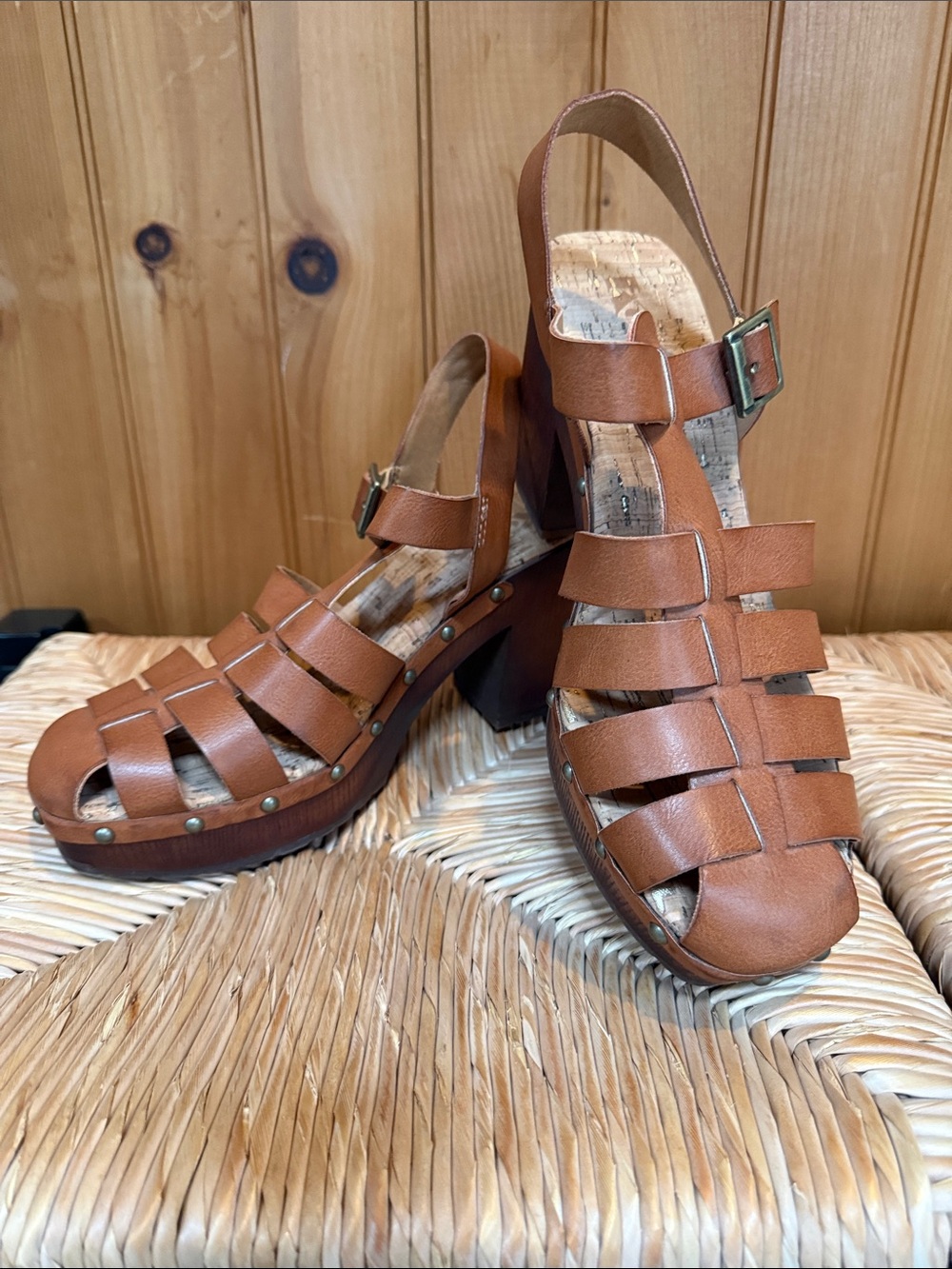 Women's Brown Leather Strappy Block Heel Sandals